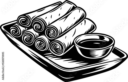 Hand drawn spring rolls on serving tray with dipping sauce bowl vintage black and white food illustration