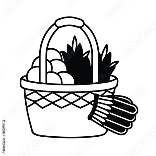 Harvest basket filled with herbs under resting gloves Vector illustration
