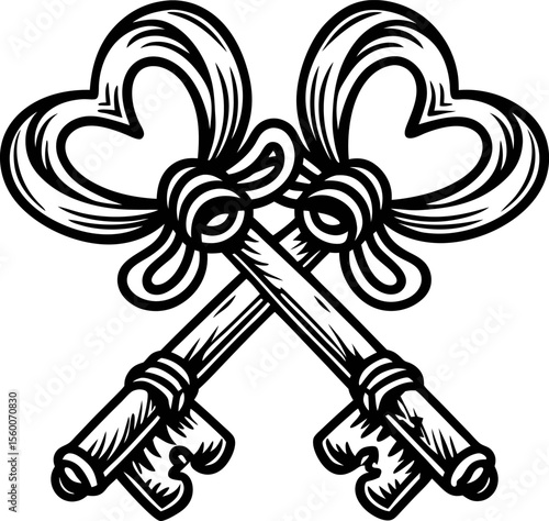 Vintage engraved illustration of two crossed heart shaped skeleton keys with ornate bow ribbons