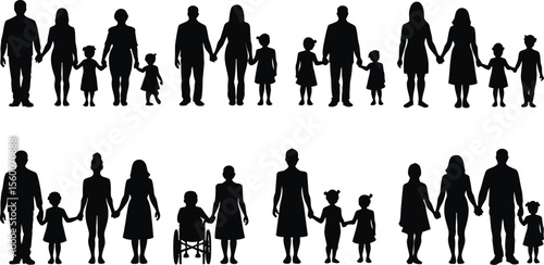 Diverse Family Silhouettes Holding Hands Representing Unity and Togetherness in Black and White