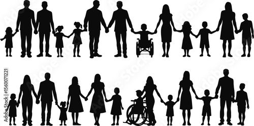 Diverse families holding hands representing love unity and inclusivity in silhouette form