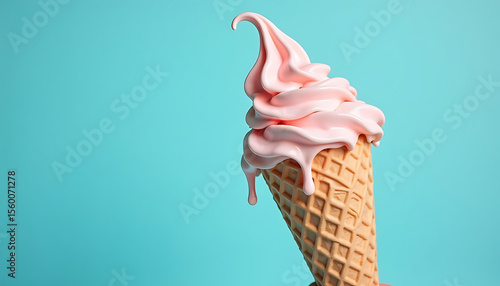 Delicious pink soft serve ice cream cone melting against a bright blue background