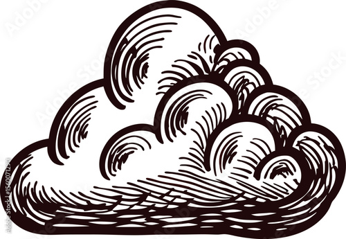 Hand drawn fluffy cloud illustration with vintage engraved lines and detailed swirling patterns