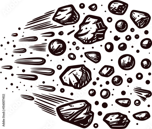 Hand drawn group of meteoroids flying through space with rocks, debris, and asteroid particles illustration