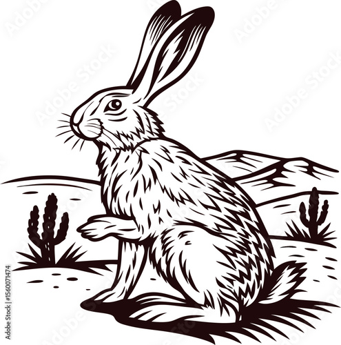 Detailed vintage drawing of jackrabbit sitting among desert plants with cactus and grass background