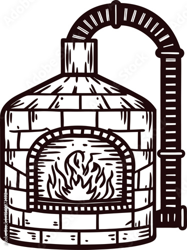 Vintage hand drawn alembic distillation furnace with burning fire and chimney pipe illustration