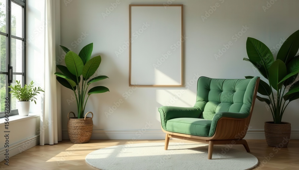 Elegant living room scene, frotte armchair, wooden elements, green accents , mockup, template Elegant living room scene, frotte armchair, wooden elements, green accents , mockup, template