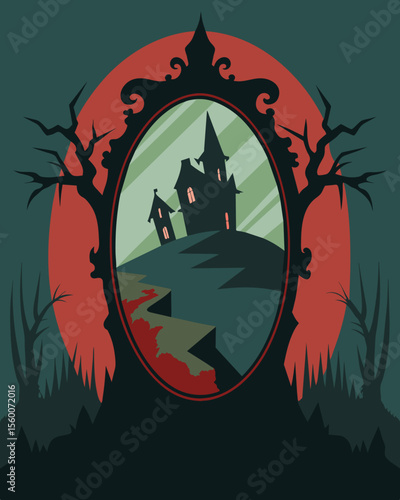 A cursed mirror in a haunted house reflected a gruesome distorted version of the past manipulating visitors into reliving the horrors of its history.. Vector illustration