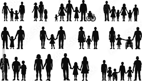 Diverse Family Silhouettes Parents and Children Holding Hands Showing Love and Support