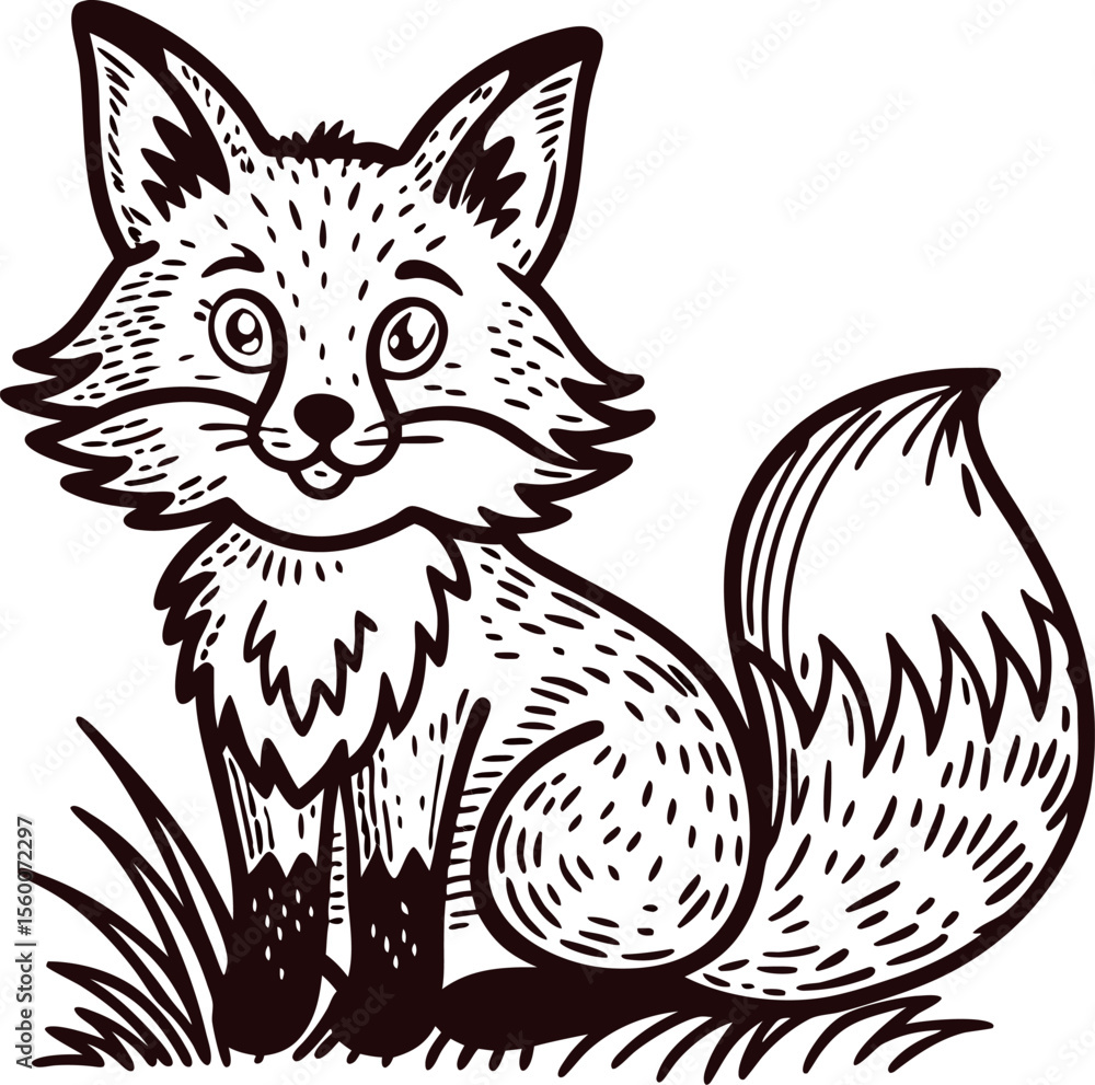 Fototapeta premium Hand drawn smiling fox sitting on grass black and white vintage engraved wildlife illustration