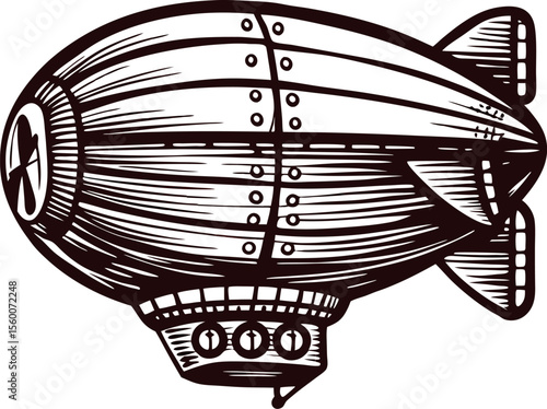 Vintage hand drawn airship illustration in black and white engraved zeppelin with detailed metal panels and rivets