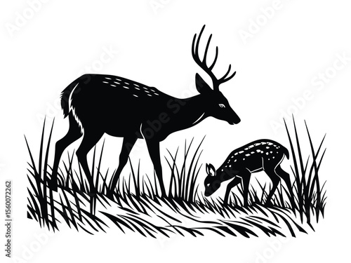 Silhouette of Deer and Fawn in Tall Grass Black and White Wildlife Illustration