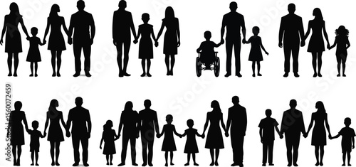 Diverse Family Silhouettes Holding Hands Representing Unity Love and Support in Various Configurations