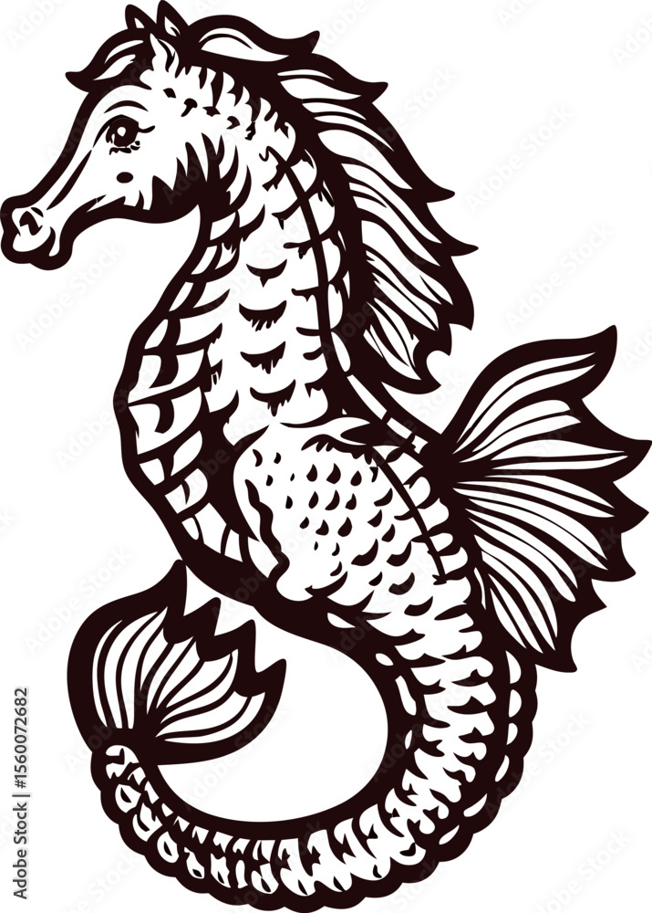 Fototapeta premium Detailed hand drawn seahorse illustration with intricate lines and decorative patterns isolated on white background