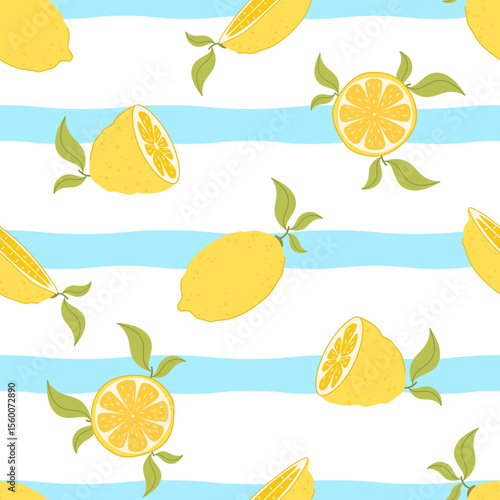 Seamless pattern with lemons, lemon wedges, lemon slices. A vibrant Mediterranean citrus design in a flat style.