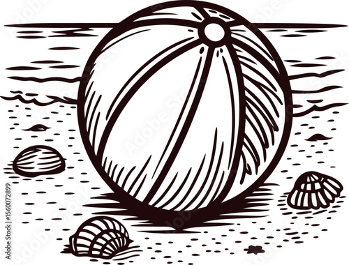Hand drawn beach ball with seashells on the shore and waves in the background vintage engraving