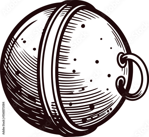 Hand drawn vintage engraving of traditional sleigh bell with bold etching and sturdy ring handle