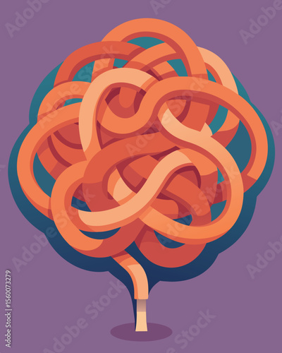 A clay sculpture of a brain with twisted and tangled pathways protruding out of it symbolizing the destructive nature of cognitive distortions.. Vector illustration