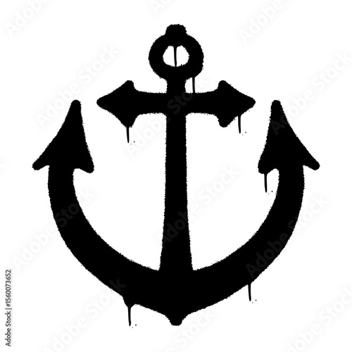Urban graffiti icon of a sea anchor in bold black spray paint style with drips. Vector illustration with street art vibe on transparent background.
