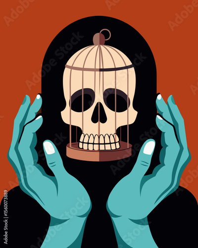 A pair of hands gripping a skull with a cage around it representing the struggle to break free from ones own thoughts and fears.. Vector illustration