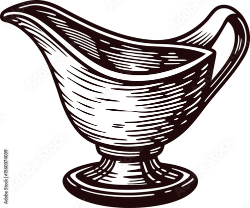 Hand drawn vintage gravy boat illustration engraved ceramic sauce vessel isolated on white background