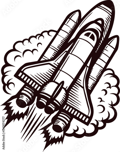 Retro illustration of a space shuttle liftoff with smoke and flames, classic black and white drawing