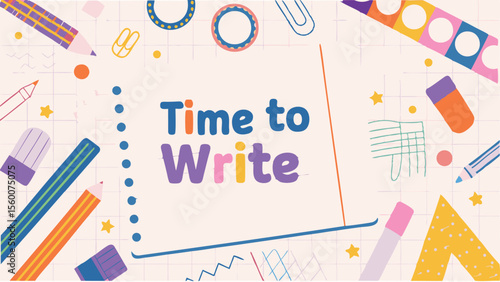 Back to school graphic with pencils notebooks and paperclips on a grid background with text overlayed