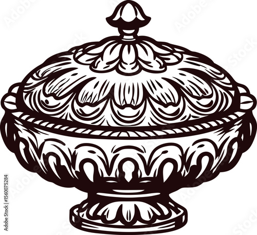 Ornate antique serving dish with decorative lid and pedestal base in vintage engraved illustration