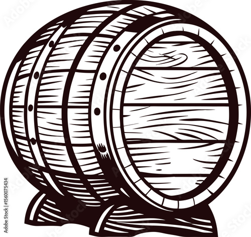 Vintage hand drawn wooden barrel illustration in engraving isolated on white background