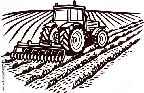 Vintage sketch of tractor plowing agricultural field with furrows retro farming illustration in black and white