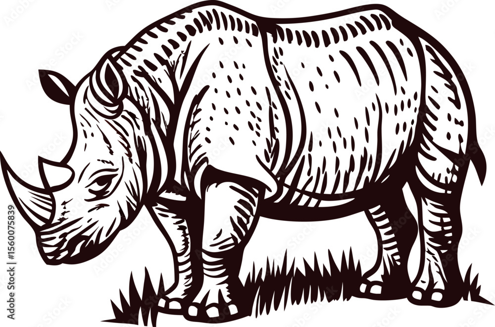 Fototapeta premium Vintage engraved drawing of a rhinoceros standing on the ground