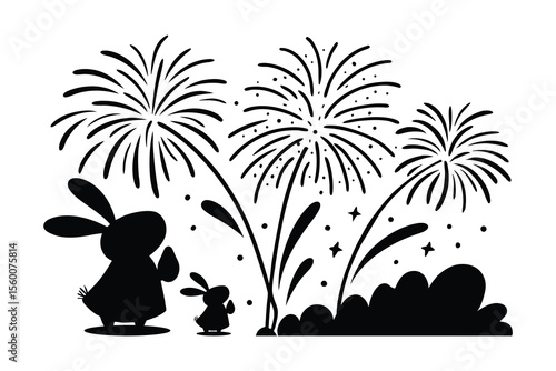 Silhouette of Two Rabbits Watching Fireworks Under a Starry Night Sky Whimsical Illustration