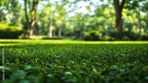 A Beautifully Maintained Lush Green Lawn Surrounded by Trees with Soft Focus Sunlight for Relaxation