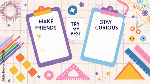 A backpack with pencils and geometric shapes on a grid pattern background with pastel colors design