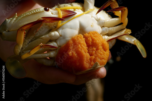 Hand Holding Live Female Crab with Roe