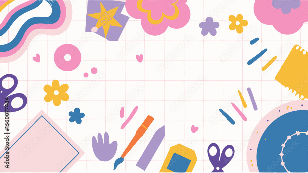 Welcome back to school themed background with school supplies and a grid pattern for a cheerful design Welcome back to school themed background with school supplies and a grid pattern for a cheerful design