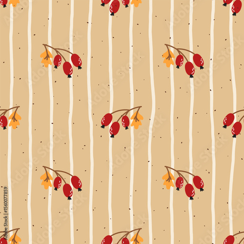 Vector Seamless autumn pattern with cranberries, leaves, and forest foliage. Warm vector design ideal for fabric, wrapping paper, and seasonal decor
