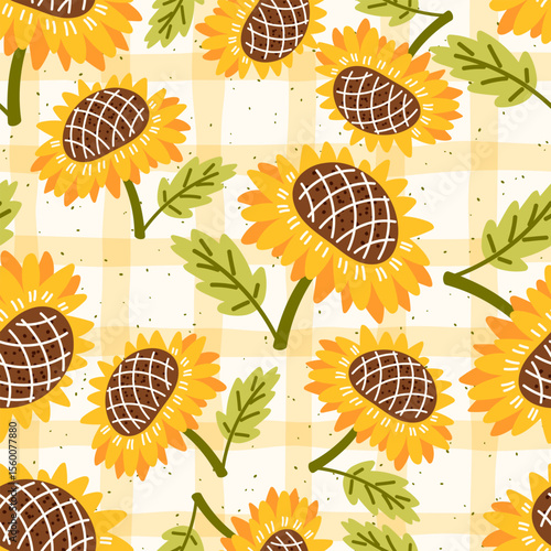 Seamless vector pattern with sunflowers in warm yellow and orange tones. Suitable for textiles, Cozy design for fabric, wallpaper, and seasonal wrapping