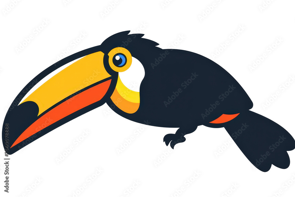 Obraz premium 2d icon of a toucan with its large, colorful beak, minimalist design, solid black, orange, and yellow colors, clean sharp lines, no shadows, isolated on a plain white background