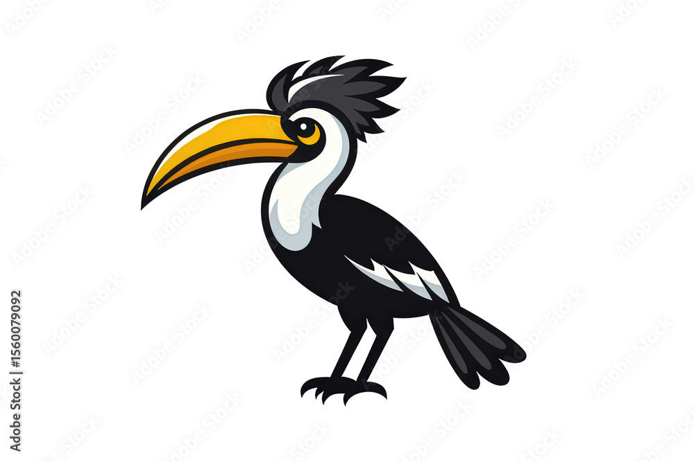 Obraz premium 2d icon of a hornbill bird, showing its large, prominent casque on its beak, minimalist design, solid black, white, and yellow colors, clean sharp lines, no shadows