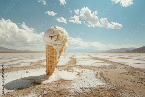 Melting ice cream cone on a dry landscape under a bright blue sky with fluffy clouds in the distance. Generative AI
