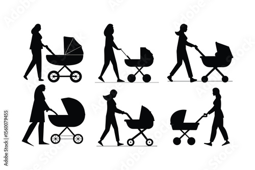 Silhouettes of Diverse Adults Walking with Baby Strollers, Minimalist Family Lifestyle Illustration