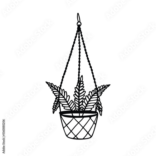 Macrame planter with fern gently swinging in breeze Vector illustration