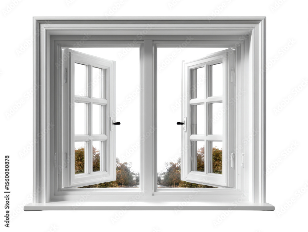 Fototapeta premium Open Window View: Two white framed window panes opened wide, giving a view that exudes tranquility and peace. Focus on detail, aesthetic, and harmony.