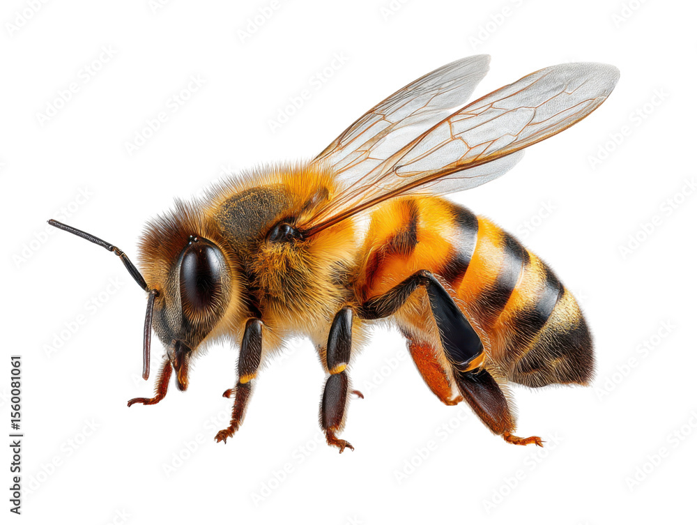 Honeybee on the Move: A detailed close-up of a honeybee, its delicate wings outstretched and legs poised for flight, against a clean backdrop, captures the essence of nature's tiny pollinator. Honeybee on the Move: A detailed close-up of a honeybee, its delicate wings outstretched and legs poised for flight, against a clean backdrop, captures the essence of nature's tiny pollinator.