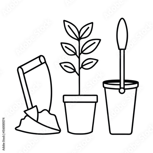 Potting station with soil bag hand trowel and plants Vector illustration