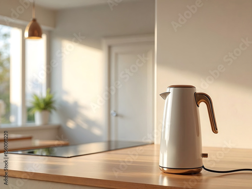Sleek Cream Electric Kettle on Sunlit Minimalist Kitchen Counter