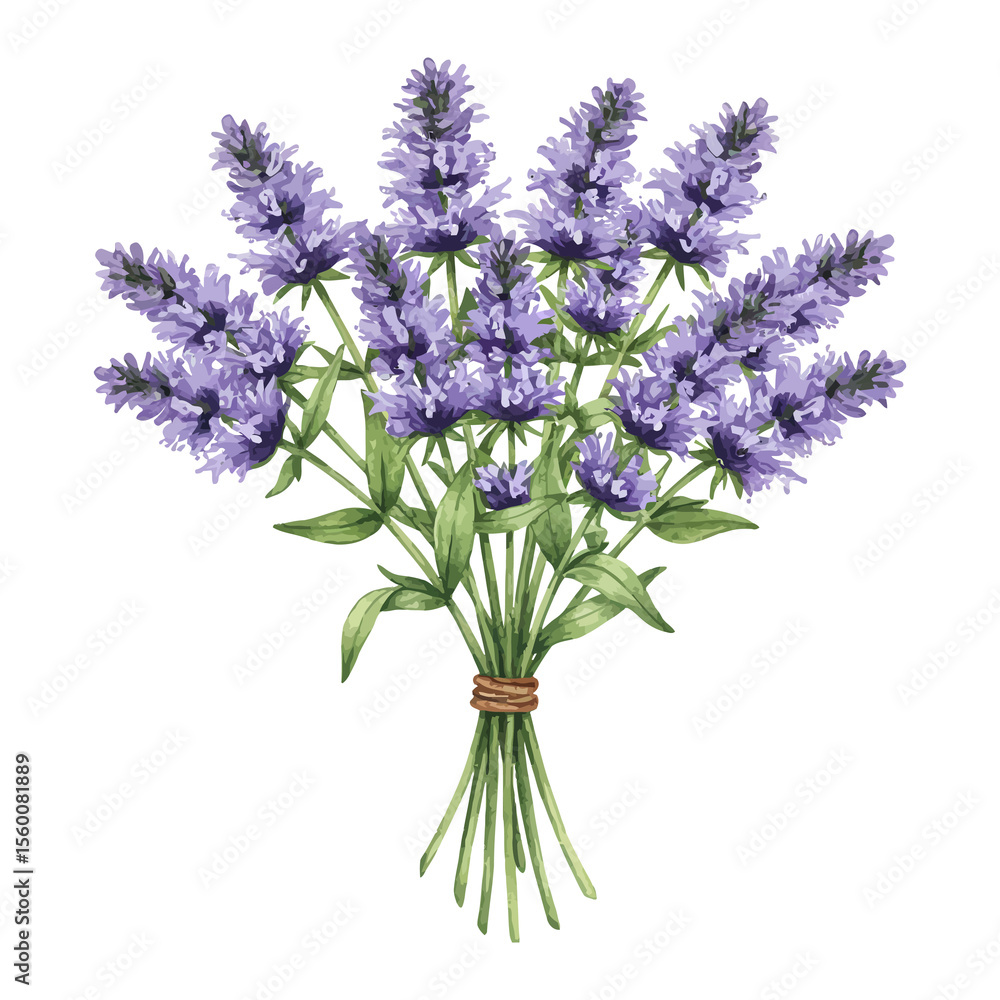 Fototapeta premium Bouquet of Purple Flowers Illustration with Green Leaves on transparent background