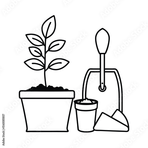 Tidy potting setup with trowel soil bag and potted plant Vector illustration