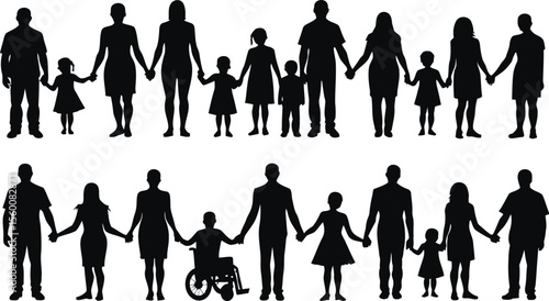 Diverse Families Holding Hands Silhouettes Inclusion Unity and Intergenerational Connection Portrayed in Black and White